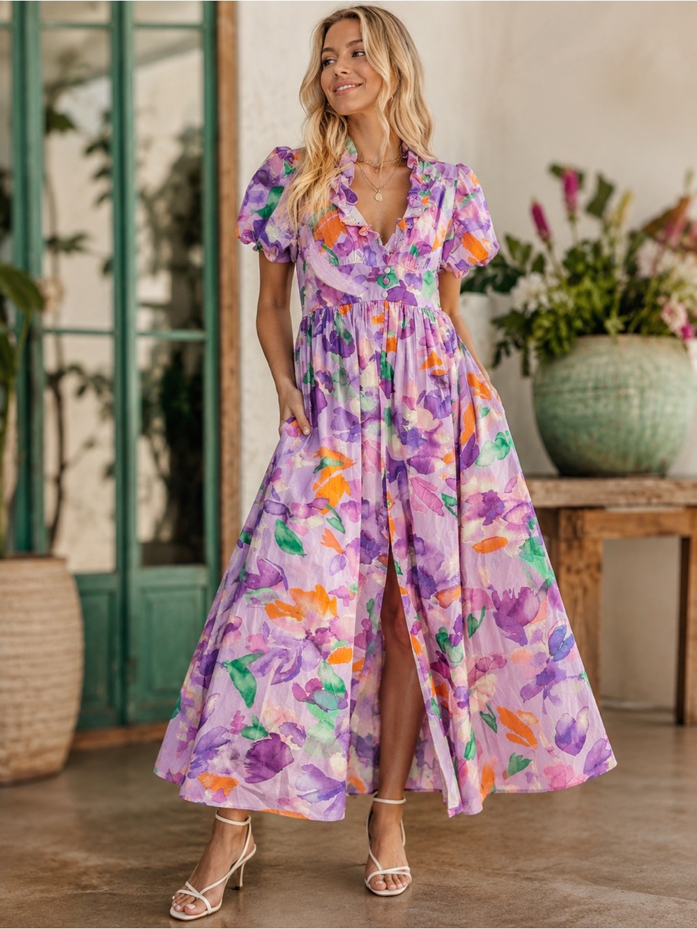 Floral Lavender Puff-Sleeve Midi Dress - 667